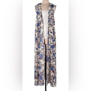 Peach Love California Floral Long Duster Vest - Cream, Blue, Red